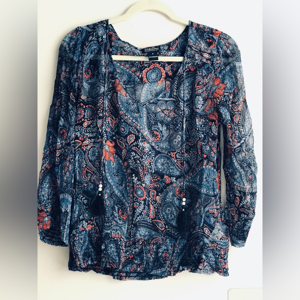 Lucky Brand Paisley Peasant Navy & Coral Sheer Blouse Tassel Top Women’s Size S